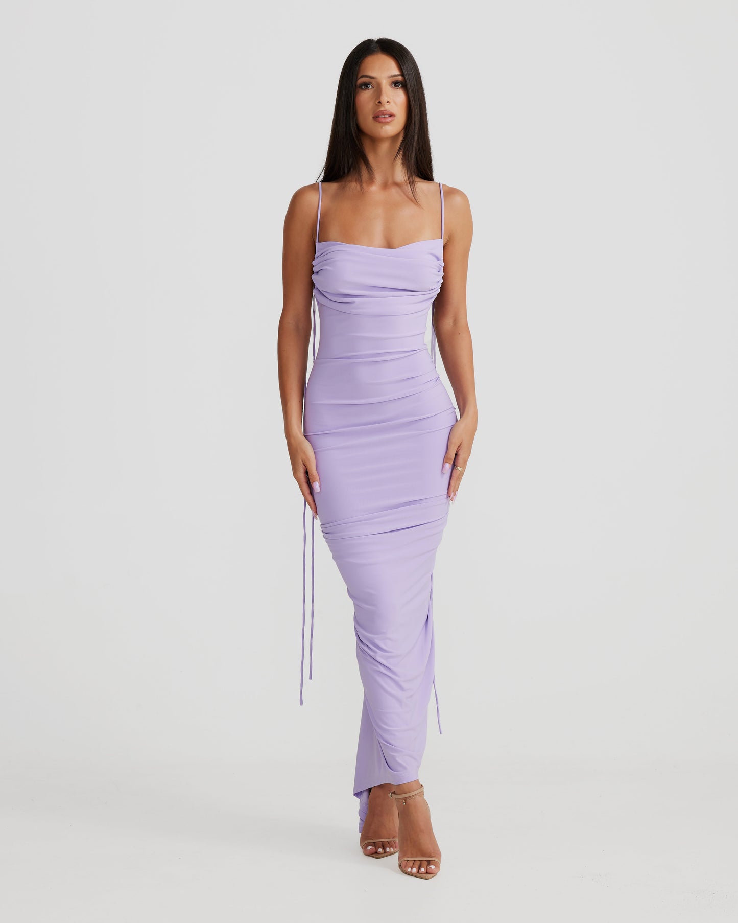 Lavender One-Shoulder Ruched Bodycon Midi Dress